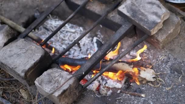 Hell loderndes Lagerfeuer mit Ausbrennen von Brennholz im Freien. Zeitlupe. Nahaufnahme — Stockvideo