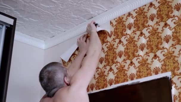 Masculino removendo papel velho papel de parede na parede. 4K. Fechar — Vídeo de Stock