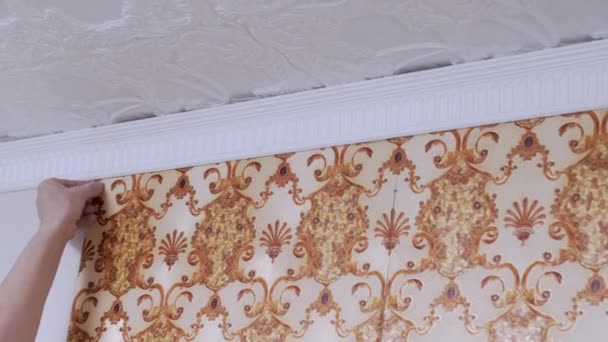Male Menghapus Off Kertas Wallpaper tua di dinding. 4K. Tutup. — Stok Video