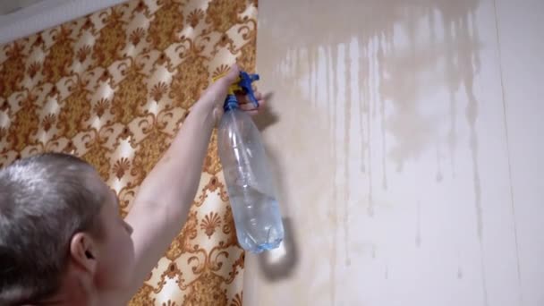 Mand Hand Sprays Vand fra en spray flaske til at fjerne gamle Wallpaper fra væggen. 4K – Stock-video