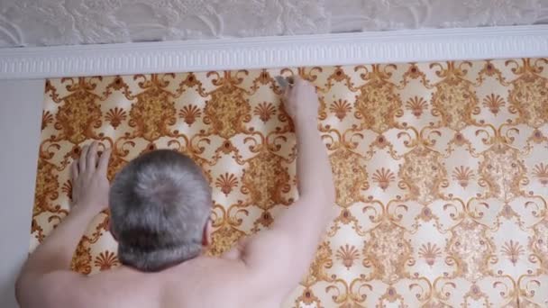 Male Removing Off Old Paper Wallpaper on the Wall. 4K. Close up — Stock Video