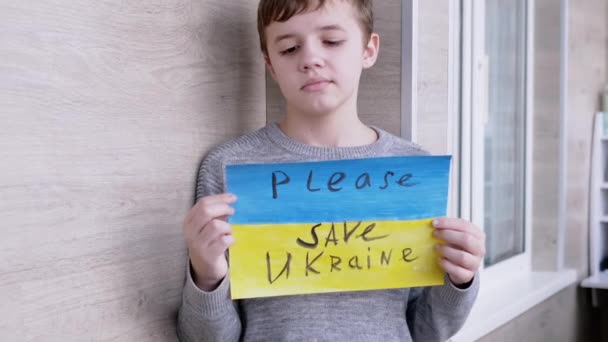 Dítě drží prapor s modrou a žlutou vlajkou, Zpráva Please Save Ukraine — Stock video