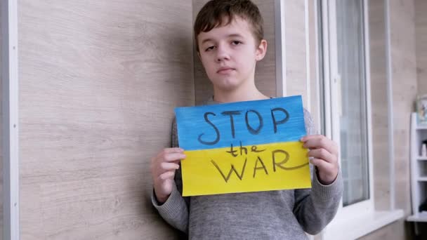 Kind houdt in handen een poster met een vlag van Oekraïne, en bericht Stop de oorlog — Stockvideo