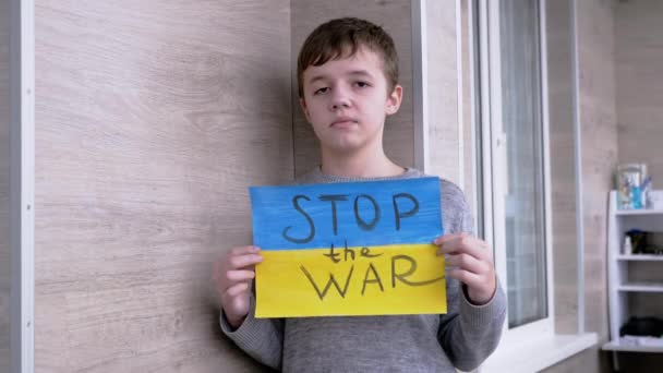 Kind houdt in handen een poster met een vlag van Oekraïne, en bericht Stop de oorlog — Stockvideo