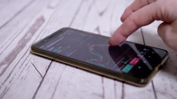 Biznesmen analizuje wykres świecy kryptowaluta na ekranie smartfona. 4K — Wideo stockowe