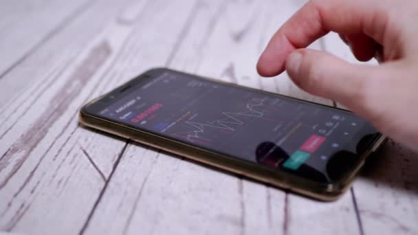 Zakenman analyseert Candlestick grafiek een Cryptogeld op Screen Smartphone. 4K — Stockvideo