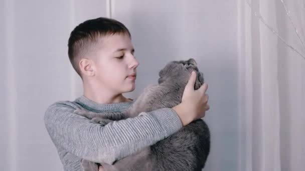Sorridenti abbracci da ragazzo, bacia un gatto soffice tra le braccia in camera. 4K. Da vicino. — Video Stock