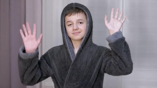 Smiling Child Waving Hands Goodbye, Hello, Bye Looking at the Camera. Close-up — Stock Video