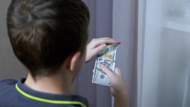 Éxito adolescente cuenta con una pila de billetes de 100 dólares en la habitación. Vista trasera. 4K — Vídeos de Stock