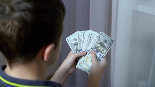Успешный подросток считает стопку 100-долларовых банкнот в комнате. Вид сзади. 4K — стоковое видео