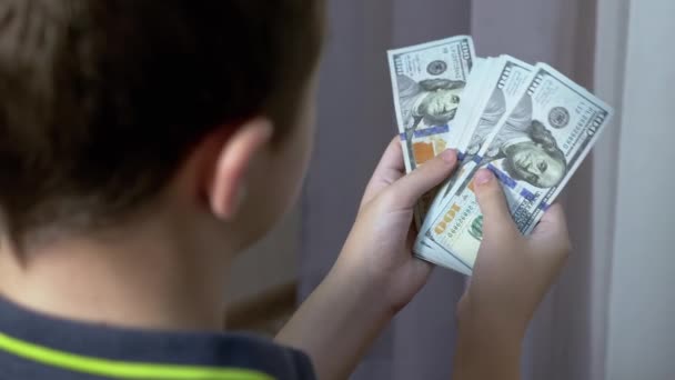 Successful Teenager Counts a Stack of 100-Dollar Bills in Room. Back View. Zoom — стоковое видео