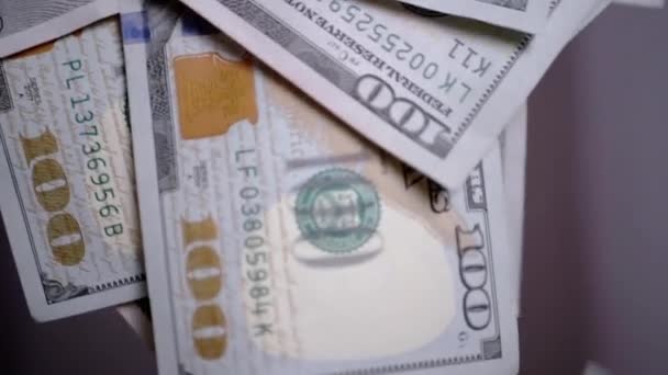 Veel Vallende, Flying 100-Dollar Amerikaanse bankbiljetten op een wazige achtergrond — Stockvideo
