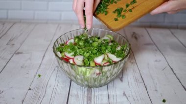 Şef Maydanoz Maydanoz Taze sebze salatası, turp, salatalık, yeşillik. Yakın plan. Renkli yeşil soğan, maydanoz, turp ve salatalık sebzesi karışımı, yağ. Vejetaryen diyeti. Sağlıklı yemek..