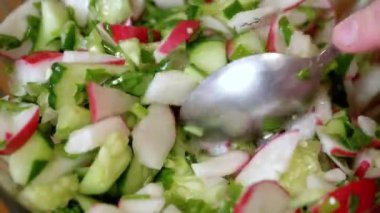 Şef Stirring yanında taze sebze salatası, turp, salatalık, yeşillik. Yakın plan. Renkli yeşil soğan, maydanoz, turp ve salatalık sebzesi karışımı, yağ. Vejetaryen diyeti. Sağlıklı yemek..