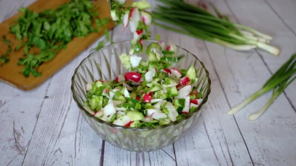 Hands Chef Stirring Spoon Vegetable Salad Radish Cucumber Greens Close — Stock Video