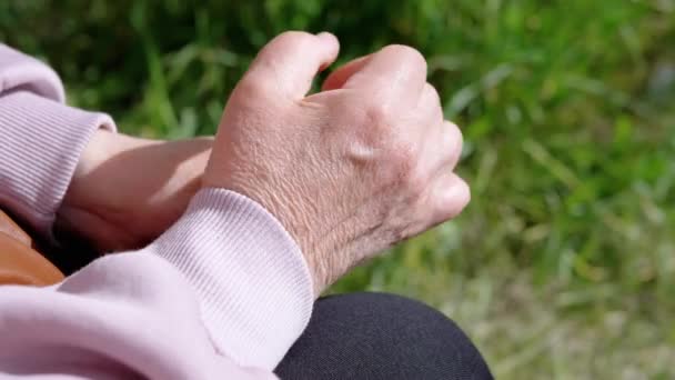 Elderly Woman Rubbing Wrinkled Hands Sitting Nature Rays Sunlight Worried — Stock Video