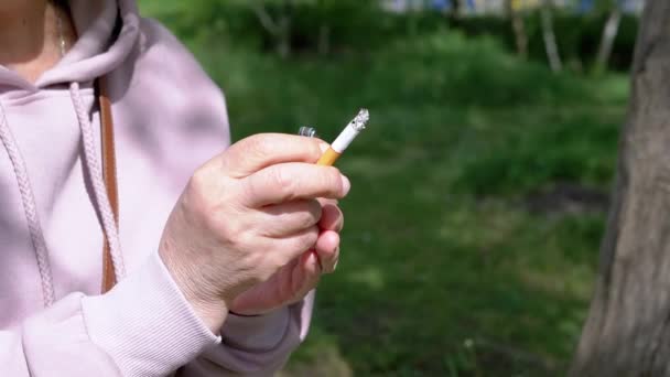Woman Holding Cigarette Lighter Hands Sitting Nature Sun Female Smokes — Stock videók
