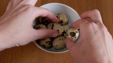 Masadaki Tabaktan Alınan İki Bıldırcın Yumurtasını Ellerinde Gösteren Kadın. Yakın plan. Doğal, besleyici, besleyici organik yumurtalar. Küçük parlak, renkli, parlak, benekli yumurtalar. Protein. Sağlıklı yemek..