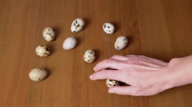 Kadın El, masadan üç bıldırcın yumurtası alır ve onları elinde muayene eder. Yakın plan. Doğal, besleyici, besleyici organik yumurtalar. Küçük parlak, renkli, parlak, benekli yumurtalar. Protein. Sağlıklı yemek..