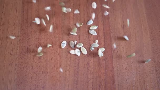 Lot Graines Citrouille Crues Tombent Sur Table Les Graines Vertes — Video