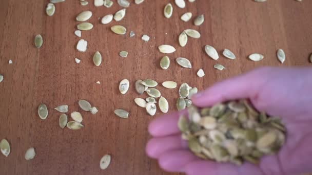 Lot Raw Pumpkin Seeds Fall Female Hands Table Thrown Green — Stock Video