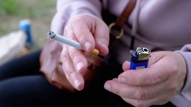 Frau Mit Zigarette Und Feuerzeug Der Hand Sitzt Der Natur — Stockvideo