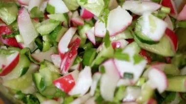 Şef Stirring yanında taze sebze salatası, turp, salatalık, yeşillik. Yakın plan. Renkli yeşil soğan, maydanoz, turp ve salatalık sebzesi karışımı, yağ. Vejetaryen diyeti. Sağlıklı yemek..