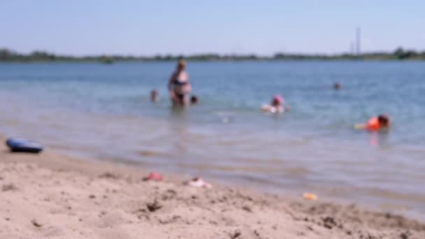 Blurred Background Sandy Coast Beach Resting Swimming Tourists Sea People — Wideo stockowe