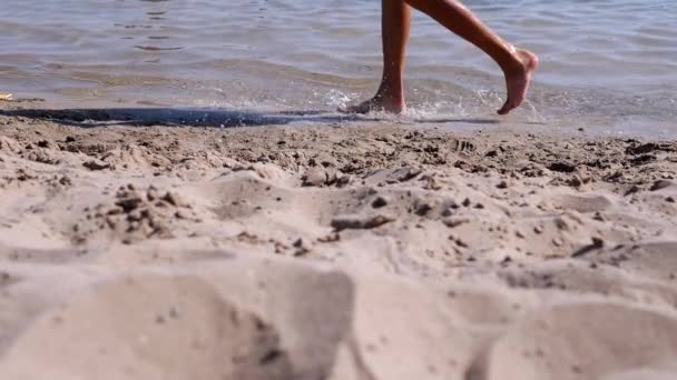 Мужские Голые Ноги Идущие Волнам Вдоль Побережья Песчаном Пляже Сансет — стоковое видео
