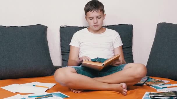 Smart Lovely Child Reading Interesting Book Sitting Floor Room Serious — Stock video