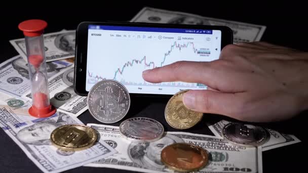 Broker Viewing Cryptocurrency Candlestick Chart White Smart Phone Screen Dollar — Video Stock