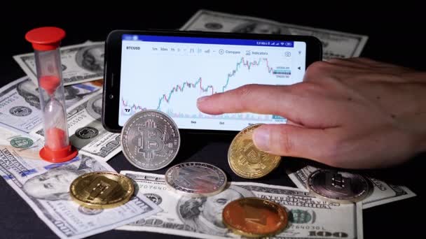 Broker Viewing Cryptocurrency Candlestick Chart White Smart Phone Screen Dollar — Stockvideo