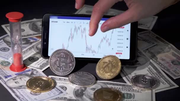 Broker Viewing Cryptocurrency Candlestick Chart White Smart Phone Screen Dollar — Wideo stockowe