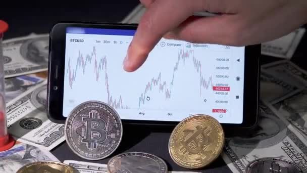 Broker Viewing Cryptocurrency Candlestick Chart White Smart Phone Screen Dollar — 图库视频影像