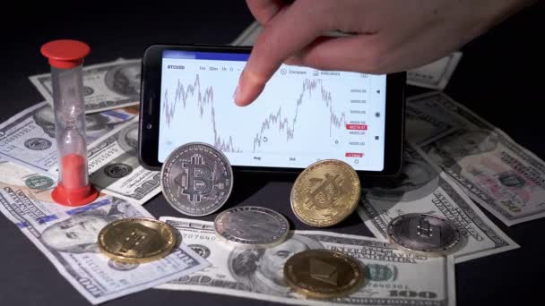 Broker Viewing Cryptocurrency Candlestick Chart White Smart Phone Screen Dollar — Vídeo de stock