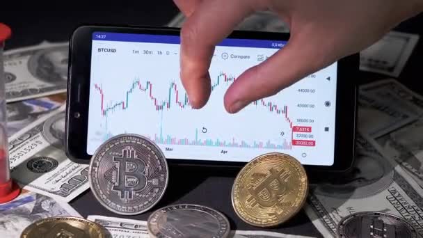 Broker Viewing Cryptocurrency Candlestick Chart White Smart Phone Screen Dollar — Stockvideo