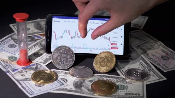 Broker Viewing Cryptocurrency Candlestick Chart White Smart Phone Screen Dollar — Video