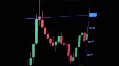 Broker Viewing Cryptocurrency Candlestick Chart on Black Screen in Dark Room. Male touches smartphone screen with finger. Chart of growth, fall of bitcoin. Dynamics, statistics, stock exchange data.