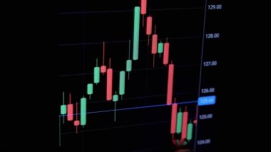Broker Viewing Cryptocurrency Candlestick Chart on Black Screen in Dark Room. Male touches smartphone screen with finger. Chart of growth, fall of bitcoin. Dynamics, statistics, stock exchange data.