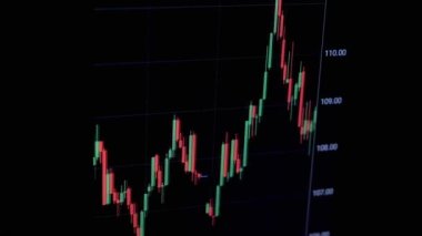 Broker Viewing Cryptocurrency Candlestick Chart on Black Screen in Dark Room. Male touches smartphone screen with finger. Chart of growth, fall of bitcoin. Dynamics, statistics, stock exchange data.