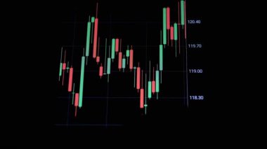 Broker Viewing Cryptocurrency Candlestick Chart on Black Screen in Dark Room. Male touches smartphone screen with finger. Chart of growth, fall of bitcoin. Dynamics, statistics, stock exchange data.