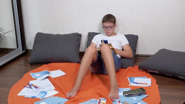 Teen Glasses Smartphone Hands Open Book Studying Online Home Smart — Stock Video