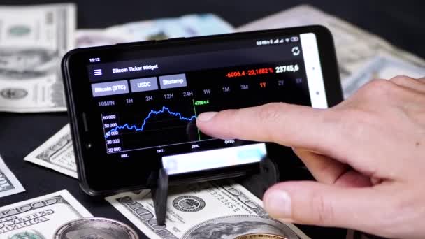 Broker Viewing Cryptocurrency Falling Price Chart Smartphone Screen Bitcoin Usd — Vídeos de Stock
