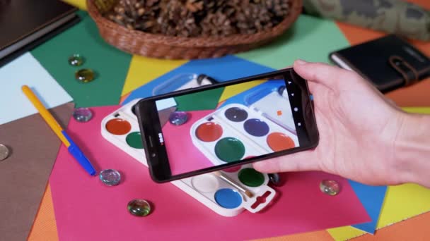 Hands Taking Photos Creative Workplace Desk Smartphone Palette Watercolor Colored — стокове відео