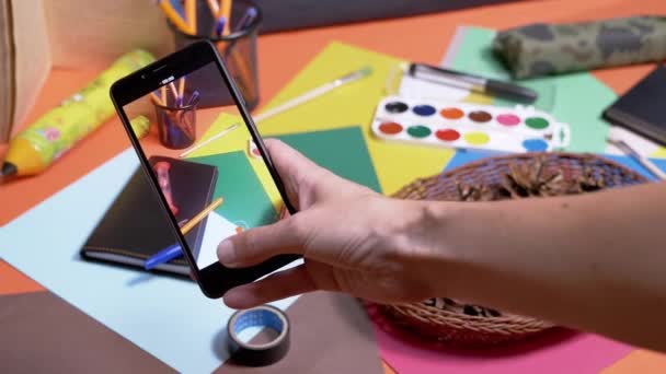 Hands Taking Photos Creative Workplace Desk Smartphone Palette Watercolor Colored — Video Stock