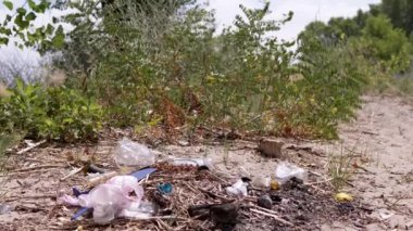 Discarded Garbage from Plastic Bottles, Plastic Bags in Sun in Forest on Sand. Garbage pit, dump, waste in nature in woods. A place for a campfire. Environmental pollution, environmental disaster.