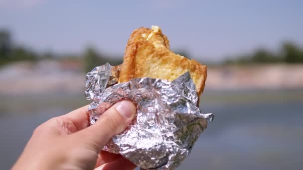 Hand Stretches Fried Crispy Sandwich Sky Backdrop Nature Close Hungry — Stock videók