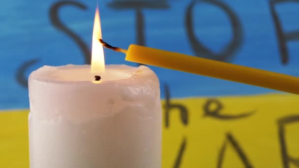 Two Burning Candles Background Yellow Blue Flag Ukraine Prayer Inscription — Vídeo de Stock