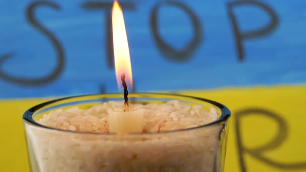 Extinguished Burning Candle Background Yellow Blue Flag Ukraine Smoke Smog — Stockvideo