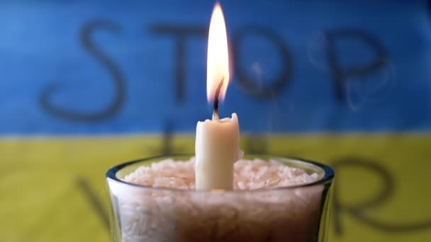 Burning White Candle Background Yellow Blue Flag Ukraine Inscription Stop — 图库视频影像